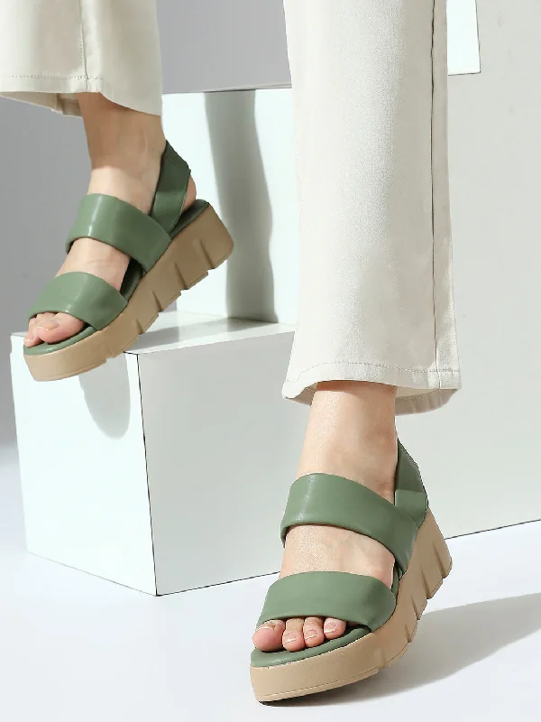 Sandals with slip-on design-Women Green Open Toe Flatform Heels With Backstrap