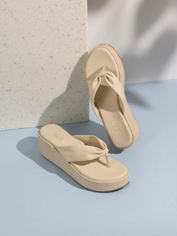 Sandals with stylish rush-Womens Cream Solid Round Toe Party Wear Wedge Heels Sandals