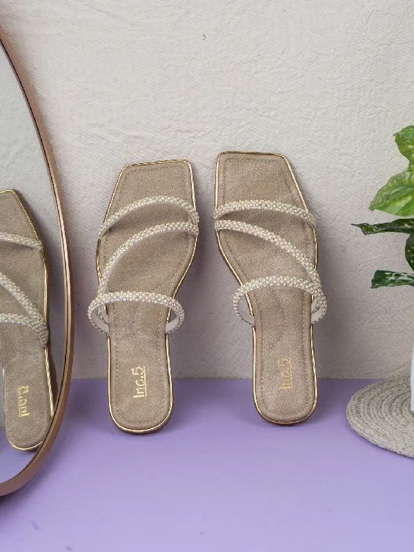 Sandals for warm flair-Womens Beige Striped Square Toe Party Wear Flat Slip-on Sandals